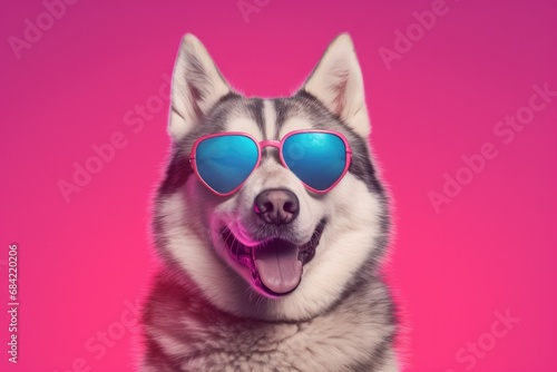 a Husky dog with sunglasses on pink background , Generative Ai