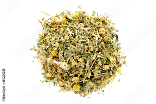 Heap of dried chamomile, echinacea, fireweed tea isolated on white background, top view. Dried buds of chamomile, echinacea, fireweed on a white background, top view. Natural herbal tea.