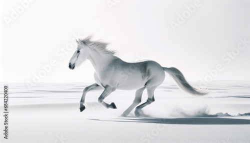 Dynamic running horse, white snow background © KAI