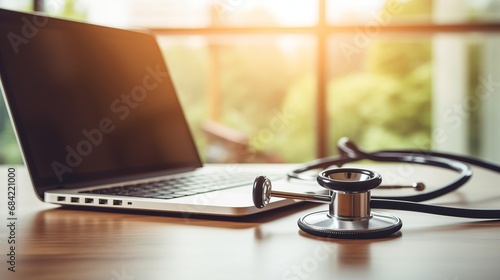 Medical stethoscope and laptop computer on table, copy space, 16:9 photo