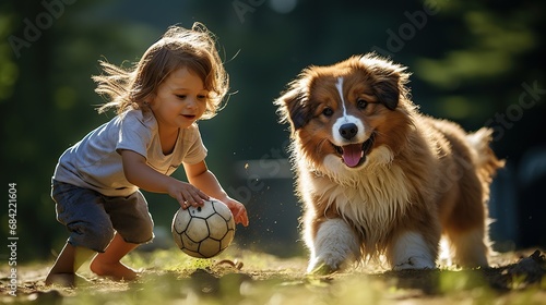 Boy who plays with dog photo