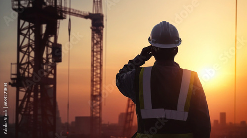  civil engineer standing at the construction site. Generative AI.
