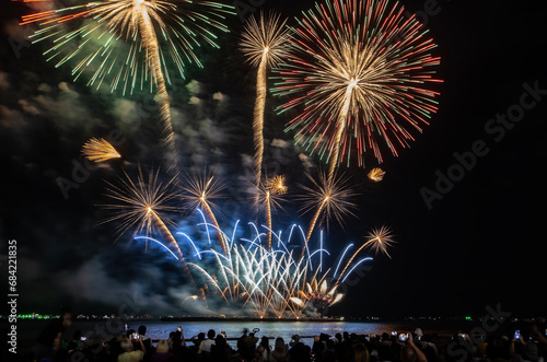 Pattaya Beach International Fireworks Festival had people come to watch ,use their smartphones to take photos the fireworks in Chonburi Thailand celebrates the New Year festival