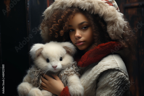 luxury studio shot of  mulatto young woman with plush toy. Portrait. Fashion concept. Magazine, journal, cover, banner, social media. Poster, invitation, flyer, header. Generative AI content © Evgeniy