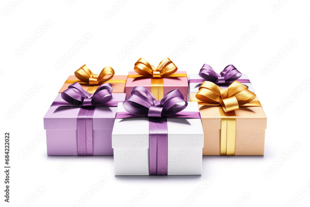 Obraz premium Gift box with pink purple gold ribbon isolated on white background, Generative ai