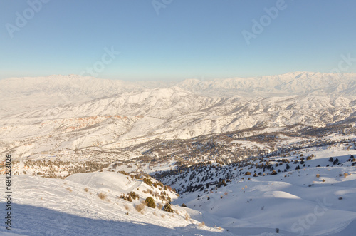 scenic view of Tian Shan mountains from Amirsoy ski resort (Tashkent region, Uzbekistan) photo