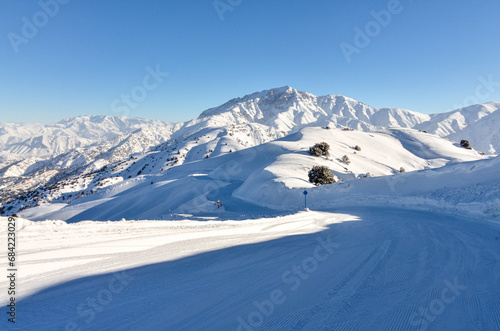 scenic view of Chimgan and Beldersay mountains from Amirsoy ski resort (Tashkent region, Uzbekistan)