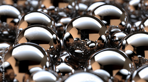 A field of reflective silver spheres with intricate reflections. Electropolished metal