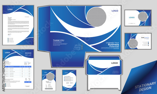Corporate stationery design mock up set, Realistic identity branding mockup for company. Modern package with file folder, letterhead, ID card, business card, envelope and invoice design for your brand