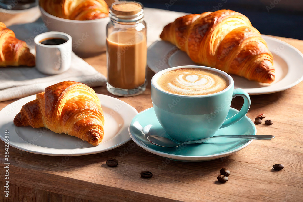 Perfect breacfast in the morning. Rustic style. A cup of coffee and tasty croissants on a on brown wooden background. Copy space. Perfect breacfast in the morning. Rustic style. A cup of coffee and tasty croissants on a on brown wooden background. Copy space.