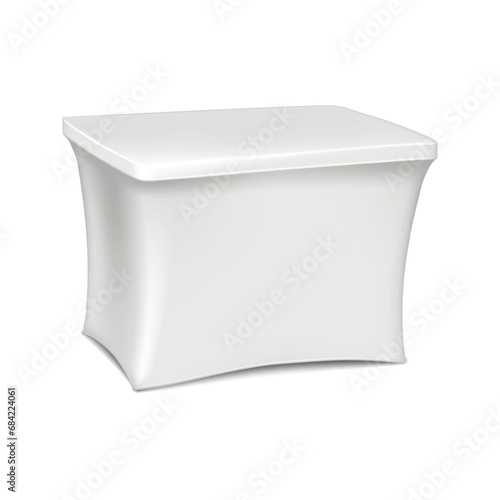 Trade show promotional stretch cover table display stand realistic mock-up. Blank white portable exhibition counter vector mockup. Template for design