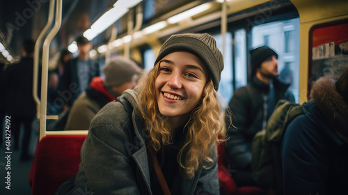 Cheerful young woman with a beanie smiling on a city subway