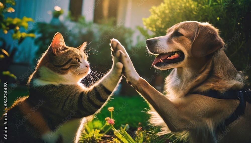 Cute Dog and cat giving a high-five - obrazy, fototapety, plakaty 