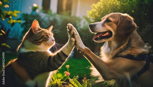 Cute Dog and cat giving a high-five photo