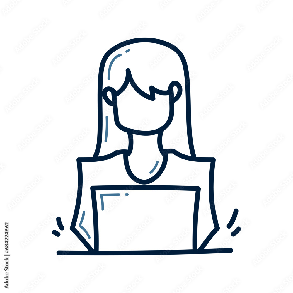 Hand drawn woman with laptop doodle line illustration design. Woman with laptop doodle icon.