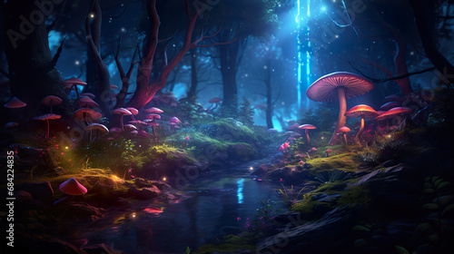 Glowing mushrooms in a forest. Generative Ai © Shades3d