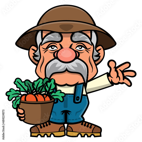 Cartoon illustration of Old farmer harvesting vegetables and storing in basket. Best for sticker, logo, and mascot with agriculture themes