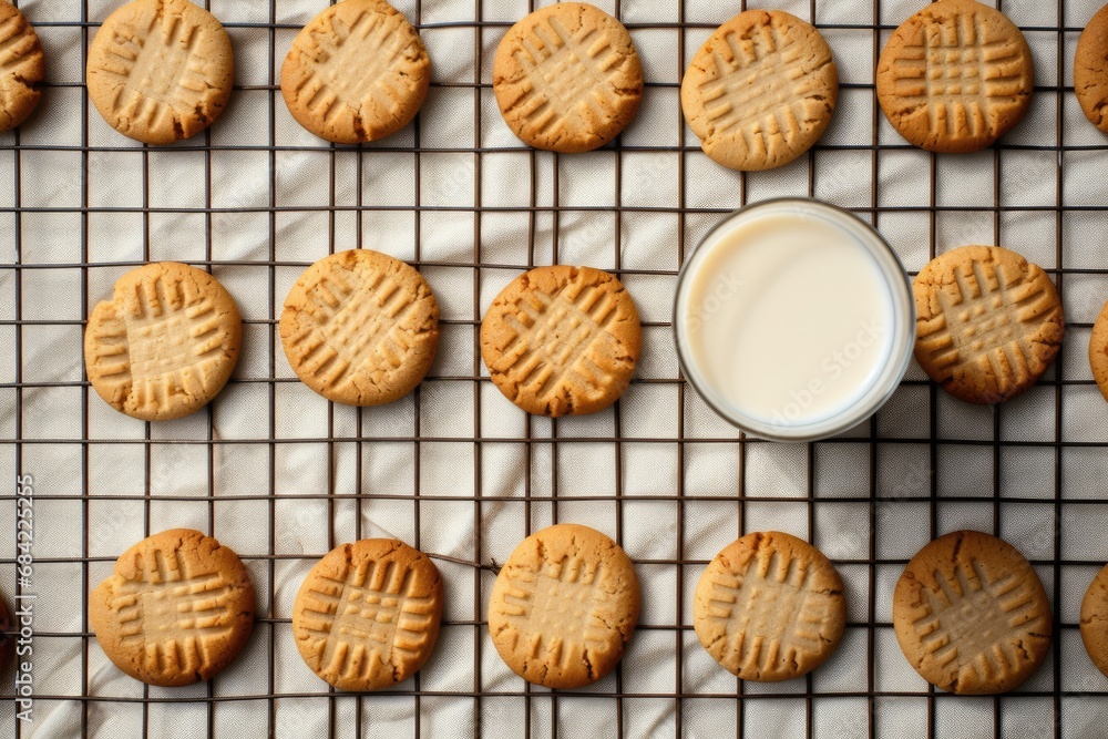 Fresh baked classic peanut butter cookies  with milk glass. Criss cross patterned biscuits. American breakfast. Sugar-free flourless cookies