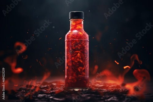 Chilly sauce or ketchup in glass bottle made of red hot chili peppers on black background with flame and smoke. Mexican paprika spice. Mockup for logo or design photo