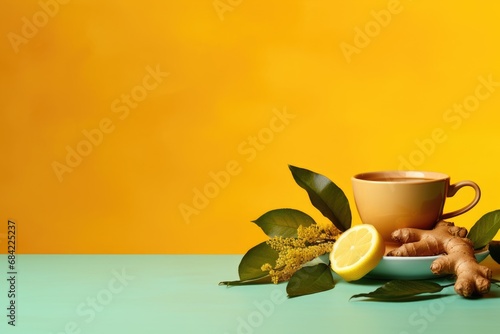 Cup of hot ginger tea with ginger root, lemon, honey and mint on yellow background. Alternative medicine, natural homemade remedy for cold and flu. Comforting and heating tea. Banner with copy space