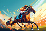 A painting of horses with jockeys on them with one wearing sports game