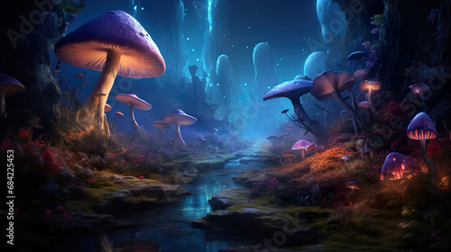 Glowing mushrooms in a forest. Generative Ai