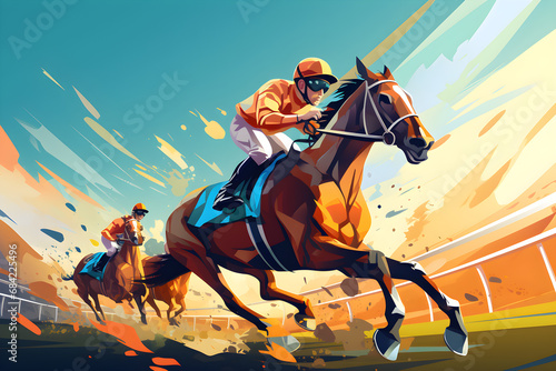 Fotografiet A painting of horses with jockeys on them with one wearing sports game