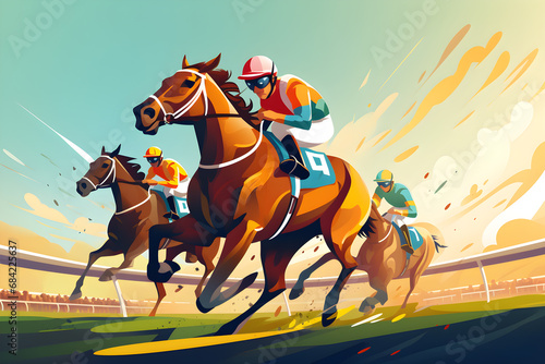 A painting of horses with jockeys on them with one wearing sports game illustration