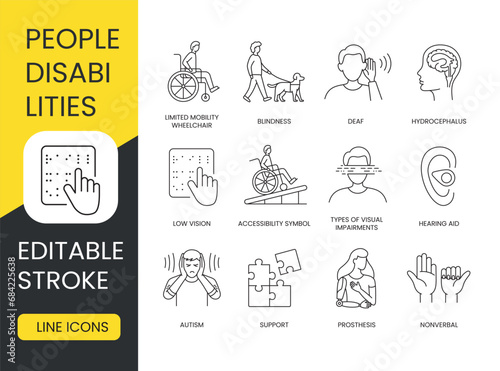 Set of vector linear icons of people with disabilities. These editable stroke icons cover a variety of needs from hydrocephalus to blindness, wheelchair ramps and hearing aids.