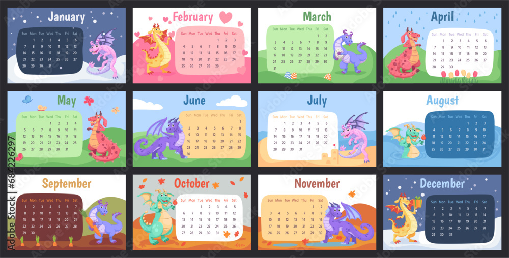 Cartoon dragon calendar. Wall calendars cute funny dragons content