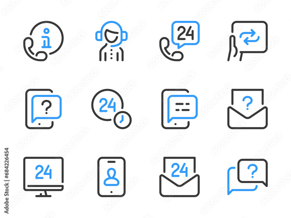 Customer support service and Helpline vector line icons. Help, Assistance and Consulting outline icon set. Customer support service and Helpline vector line icons. Help, Assistance and Consulting outline icon set.