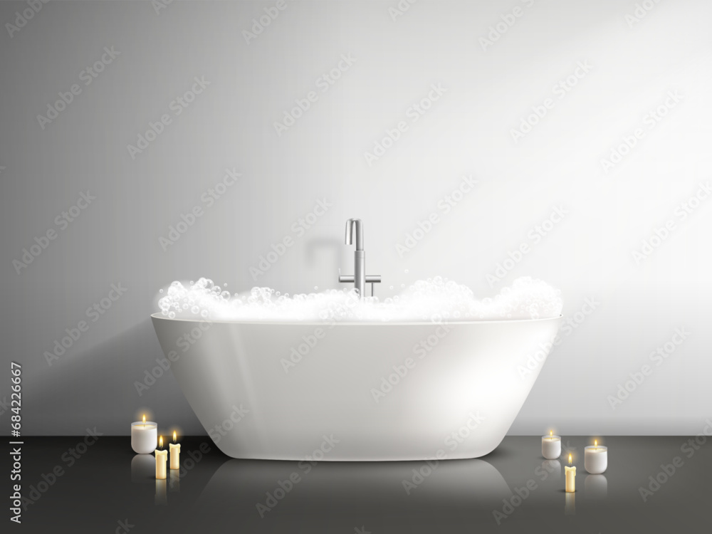 Bathtub with foam. Realistic bath tub bubble in bathroom interior, romantic candles, bubbly bathed bathr home basin or hotel water sink sanitary room decent vector illustration - obrazy, fototapety, plakaty 