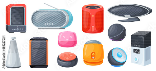 Smart assistant speakers. Home music speaker voice interacting, wireless electronic device digital ai connection audio system portable loudspeaker, cartoon neat vector illustration