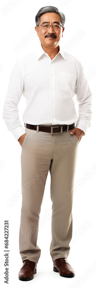 portrait of middle aged asian male man with glasses and mustache dressed casually . white background . generative ai portrait of middle aged asian male man with glasses and mustache dressed casually . white background . generative ai