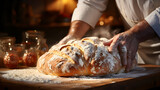 Baker handling freshly baked bread on a wooden board with flour in a traditional bakery. Small traditional bakery business.