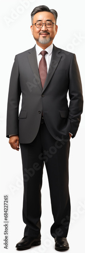 portrait of middle aged asian male man with glasses and beard wearing a business suit . white background . generative ai