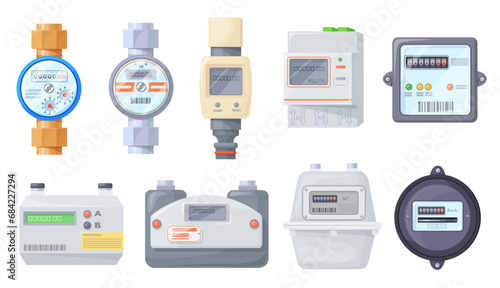 Household meters. Gas water electric counter for smart accounting rate power consumption, industry home measure equipment gauge energy supply control panel neat vector illustration