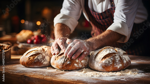 Baker placing freshly baked bread on a wooden table with flour. Traditional bakery and quality bread.