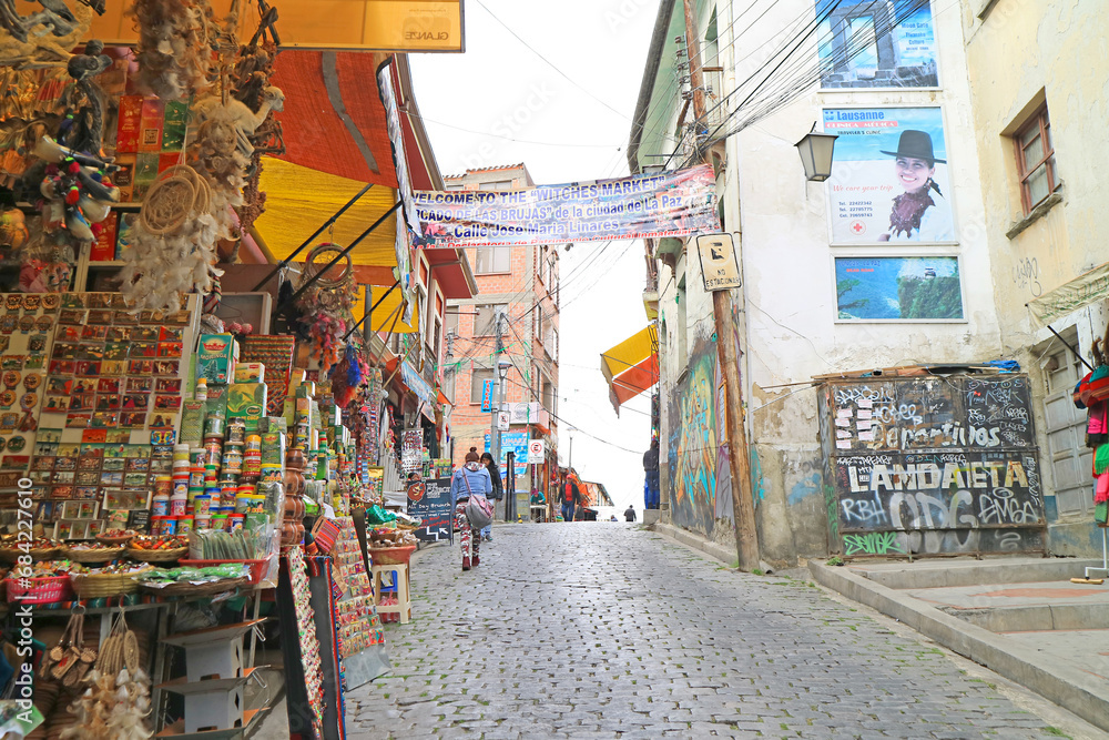 Naklejka premium The Witches Market (El Mercado de las Brujas or La Hechiceria), the Famous Place Selling Mythical Ritual Products in La Paz, Bolivia, South America