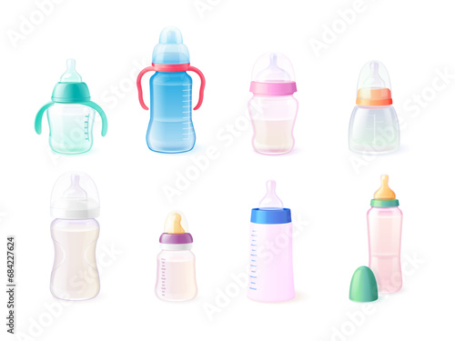 Realistic feeding bottles. Baby feed bottle with pacifier, newborns products for toddler joy milk nutrition, cup liquid measure babies care food container exact vector illustration © ssstocker