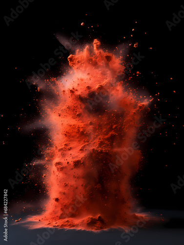 Red powder aerosol explosion, on black background