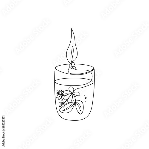 Floral aroma candle drawn by one line, concept. Sketch. Minimalist art. Creative vector  illustration in doodle style.