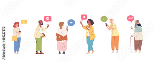 Seniors using smartphones. Happy old woman and elderly man smartphone, modern pensioner mobile phone internet technology