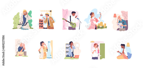 Characters speaking phone. Woman or man talking on telephone, people receive calls granny calling home cellphone landline, mobile smartphone conversation classy vector illustration