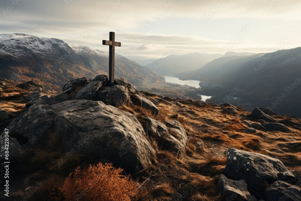christian cross on the top of a mountain - obrazy, fototapety, plakaty 