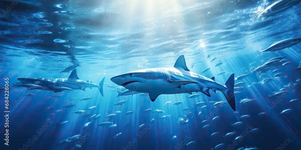 Obraz premium Wild life under water nature outdoor sea ocean big fish blue shark background. Deep dive scuba diving hunter animal