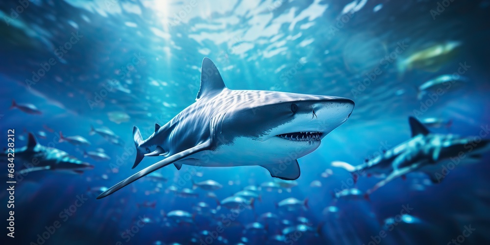 Fototapeta premium Wild life under water nature outdoor sea ocean big fish blue shark background. Deep dive scuba diving hunter animal
