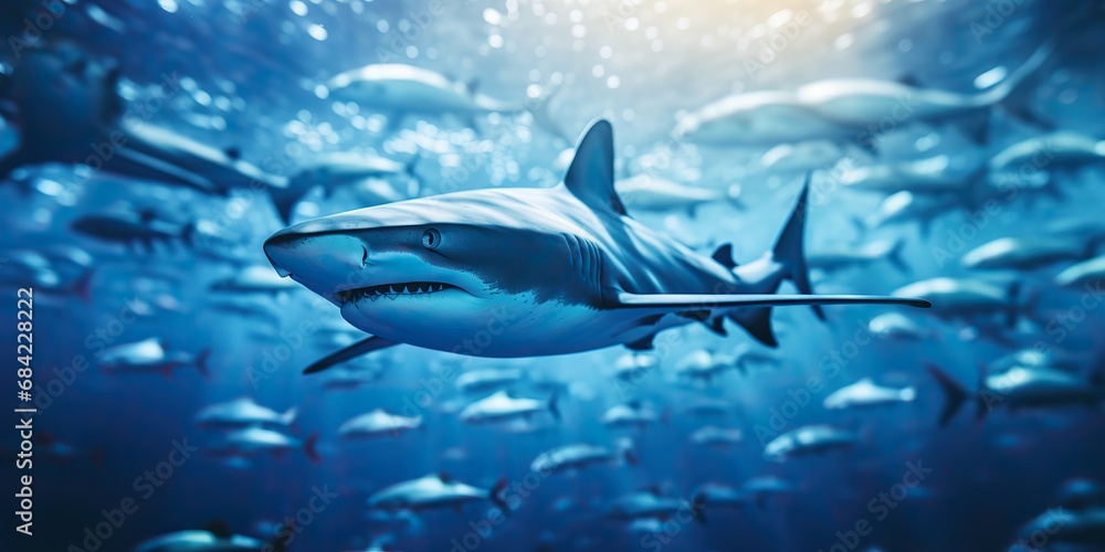 Fototapeta premium Wild life under water nature outdoor sea ocean big fish blue shark background. Deep dive scuba diving hunter animal