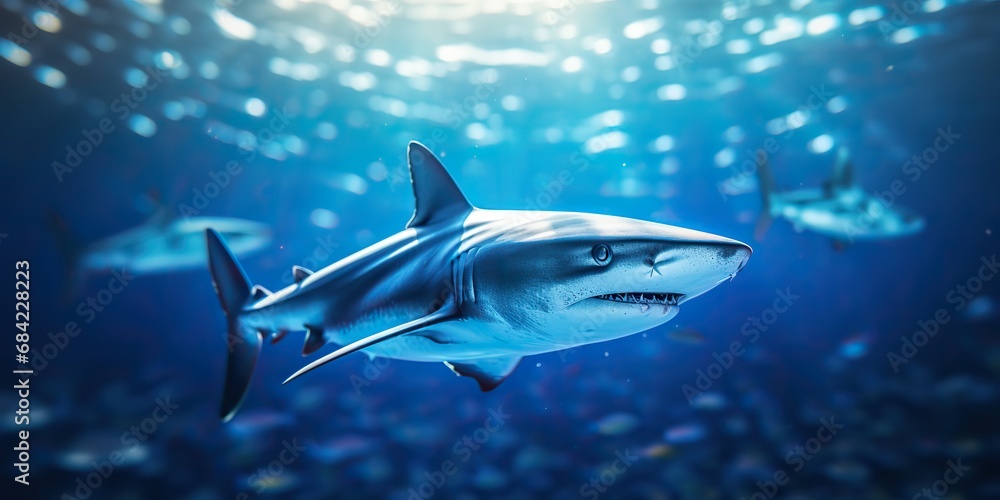 Obraz premium Wild life under water nature outdoor sea ocean big fish blue shark background. Deep dive scuba diving hunter animal