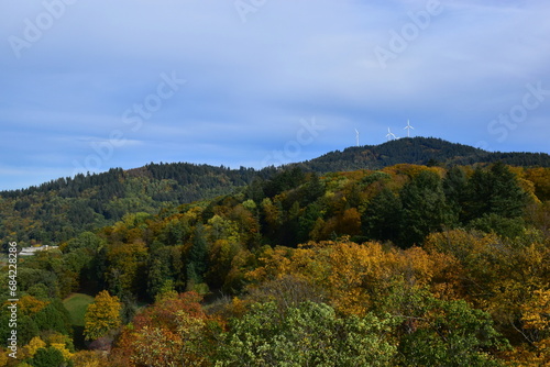Windräder über dem Freiburger Herbstwald